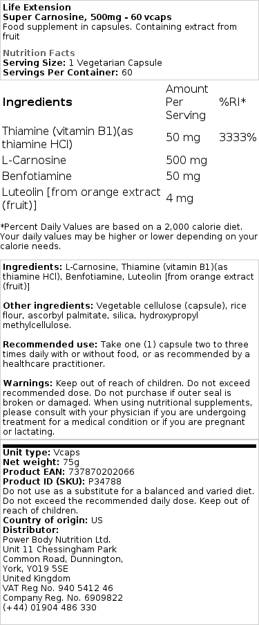 Life Extension - Super Carnosine, 500 mg - 60 vegetarische capsules - Afbeelding 2