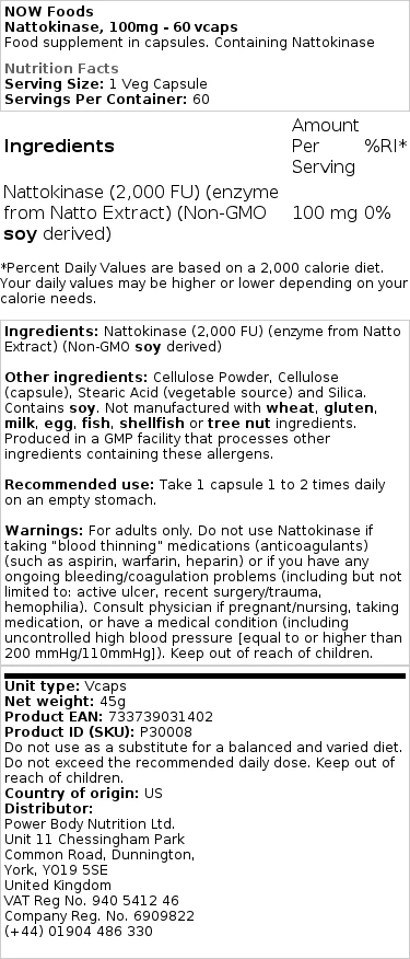 NOW Foods - Nattokinase, 100 mg - 60 vegetarische capsules - Afbeelding 2