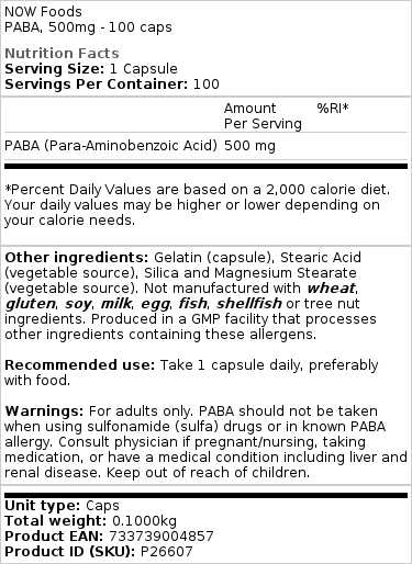 NOW Foods PABA 500 Mg – 100 Capsules – 2 Bottles – Energy & Endurance Support