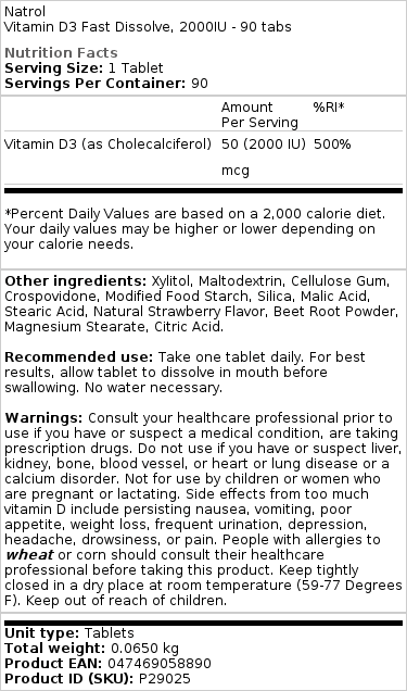 Natrol - Vitamine D3 Sneloplosbare, 2000 IE - 90 Tabletten - Afbeelding 3