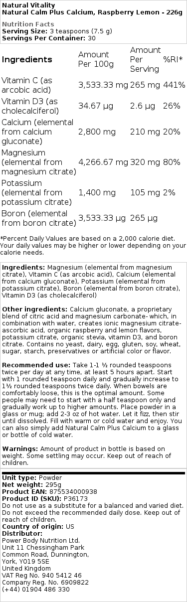 Natural Vitality - Natural Calm Plus Calcium, Smaakloos - 454g - Afbeelding 2