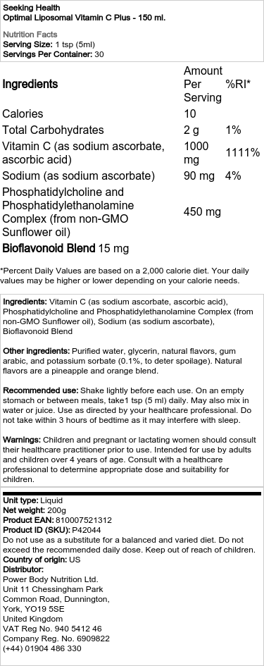 Seeking Health - Optimale Liposomale Vitamine C Plus - 150 ml - Afbeelding 2