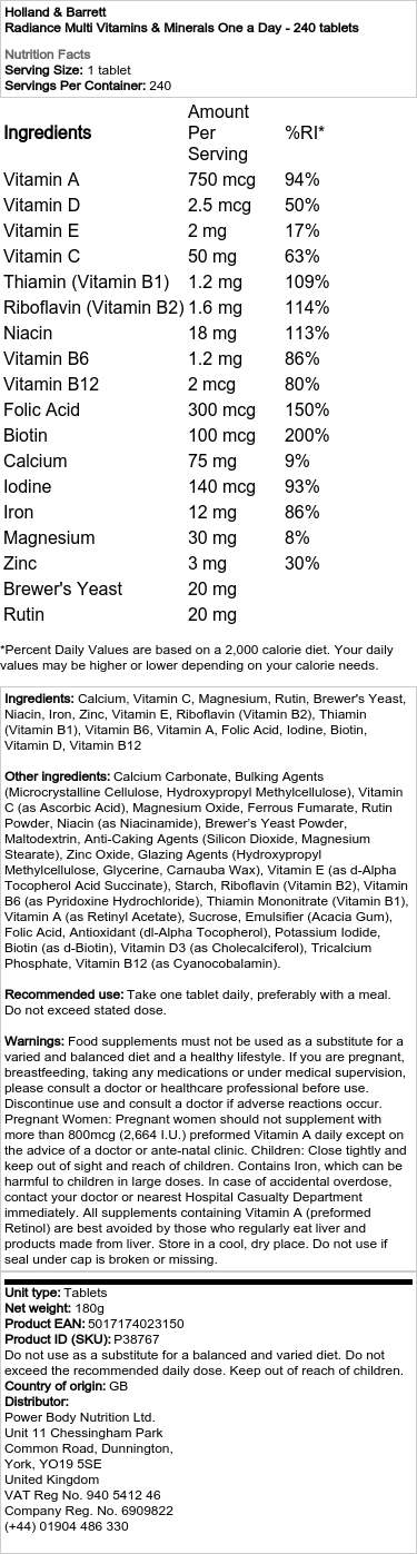 Holland & Barrett - Stralende Multivitaminen & Mineralen Één per Dag - 240 tabletten - Afbeelding 2