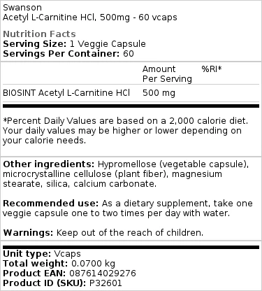 Swanson - Acetyl L-Carnitine HCl, 500 mg - 60 vegetarische capsules - Afbeelding 2