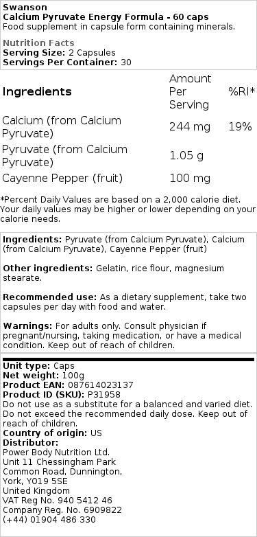 Swanson - Calcium Pyruvaat Energieformule - 60 capsules - Afbeelding 2