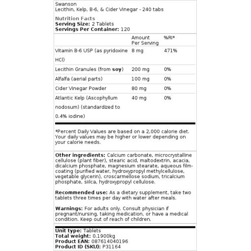 Swanson - Lecithin, Kelp, B6 & Cider Vinegar - 240 Tablets