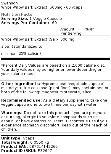 Swanson - Extract van Witte Wilgenbast, 500 mg - 60 Veganistische Capsules - Afbeelding 2