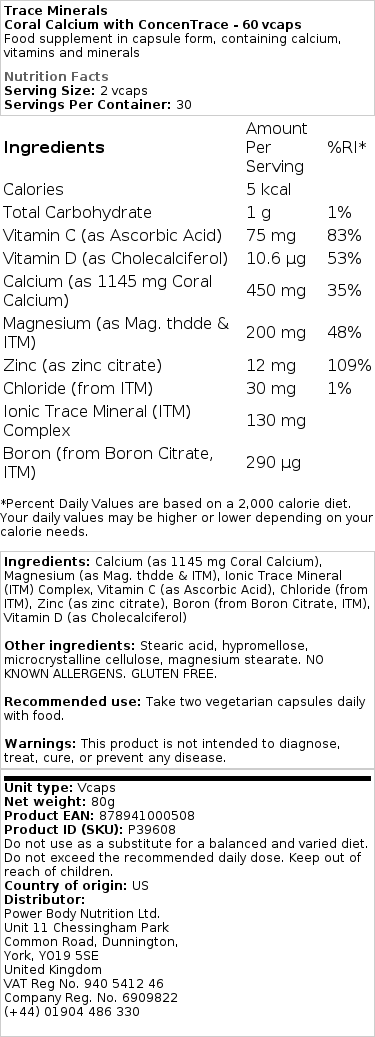 Trace Minerals - Geconcentreerd Koraalcalcium - 60 Veganistische Capsules - Afbeelding 2