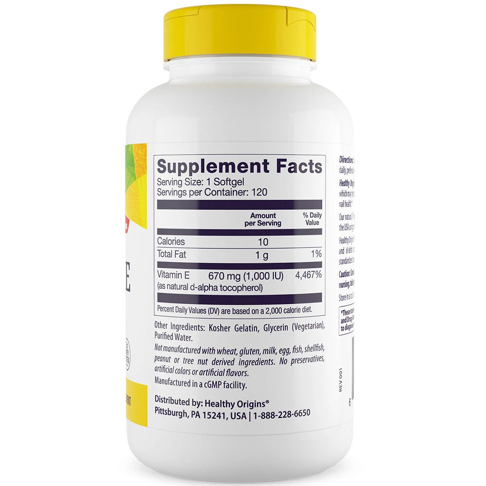 Healthy Origins - Natuurlijke Vitamine E 1000 IE, 120 softgels - Afbeelding 3