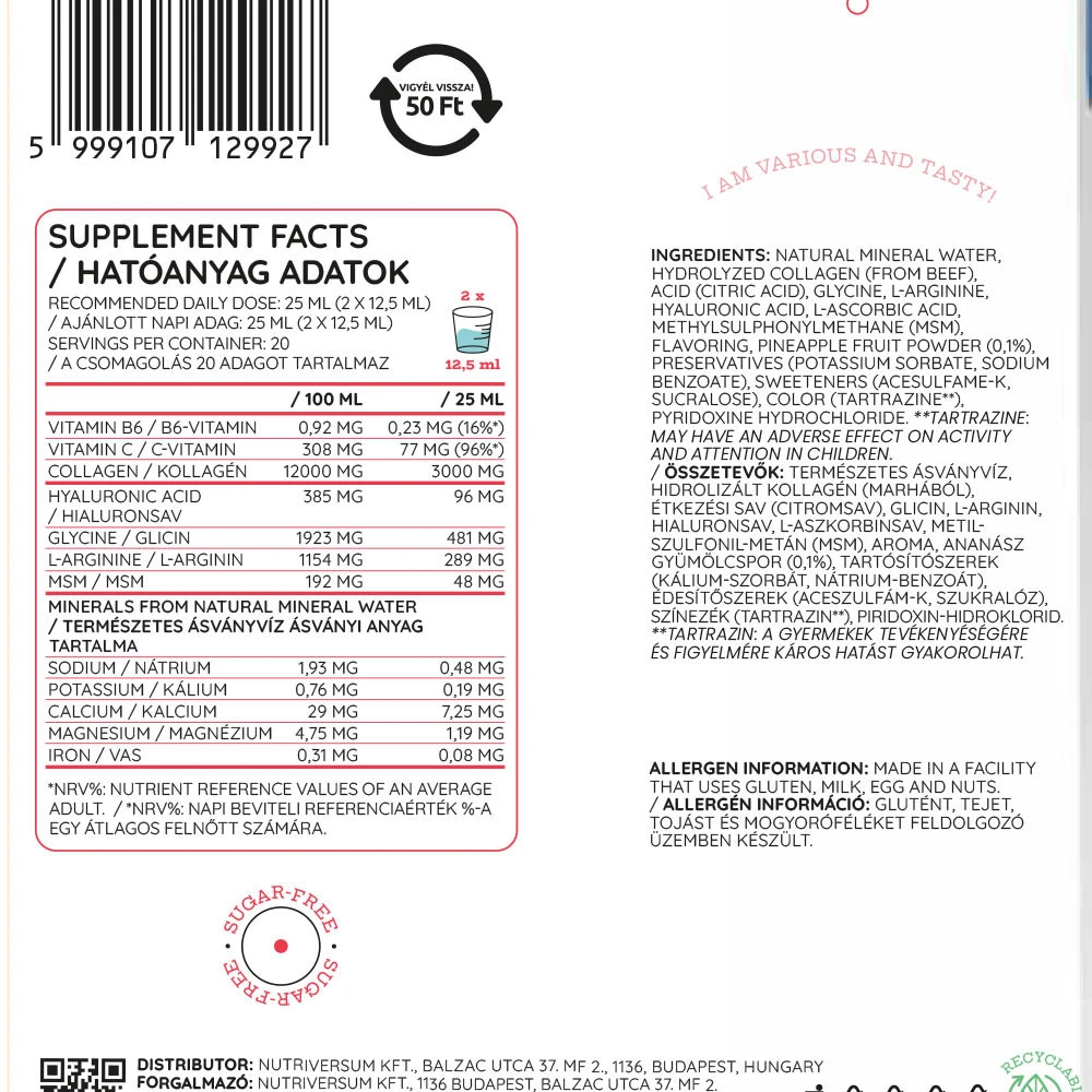 Nutriversum - Vloeibare MSM+C met Hyaluron en Collageen (500 ml, Ananas) - Afbeelding 3